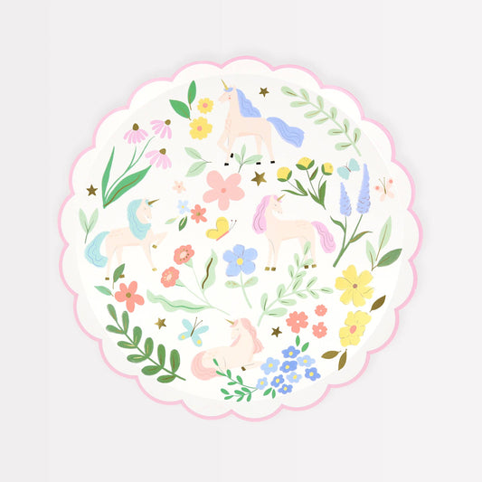 Magical Unicorn & Meadow Flower Dessert Plates – Set of 8